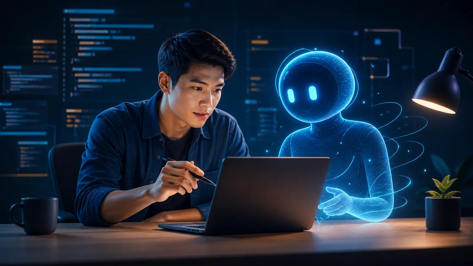 Developer กำลังตรวจงานและทำ Pair Programming ร่วมกับ AI Coding Agent